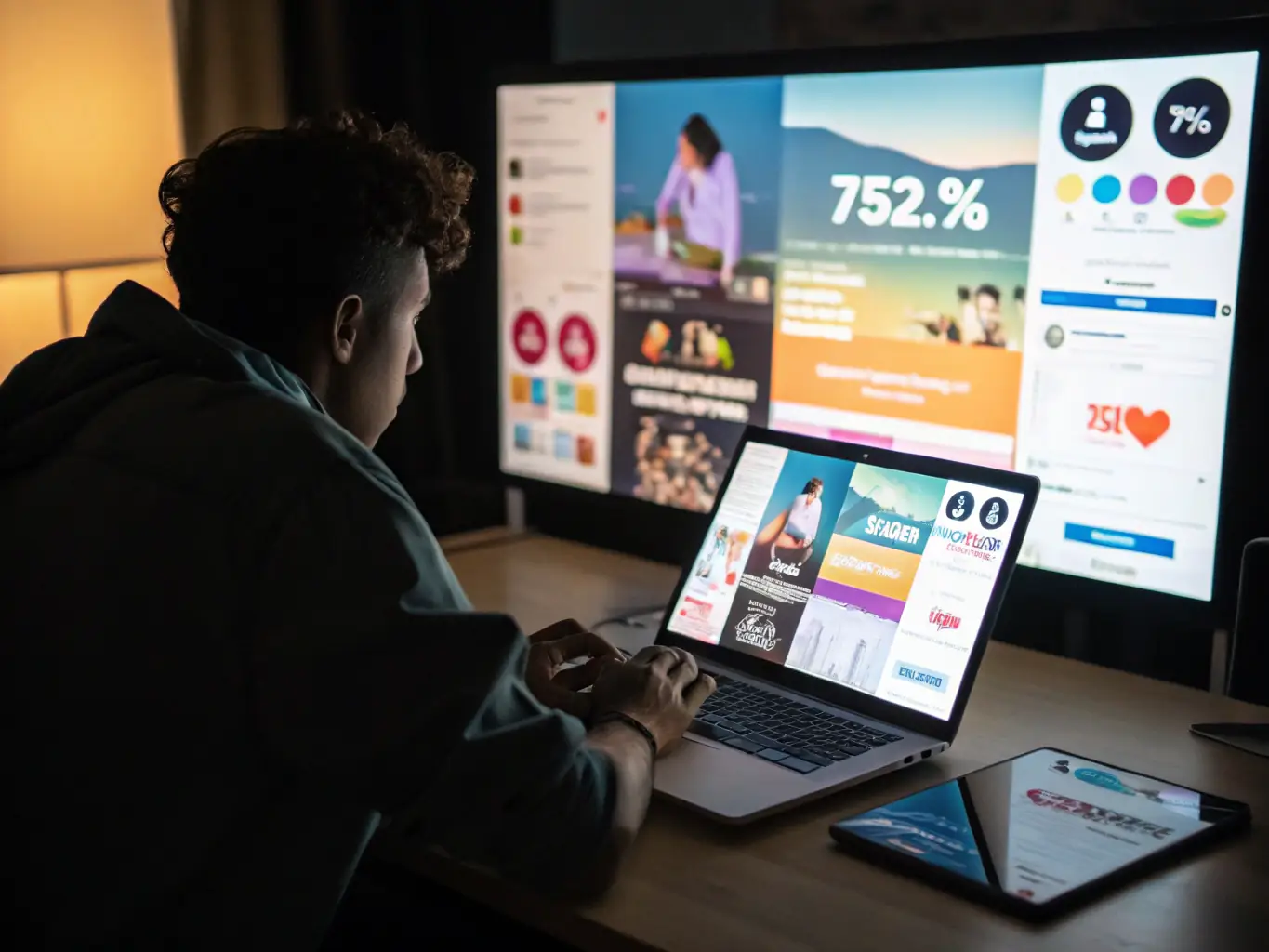 A visually engaging image of a person working on a social media ad campaign on a computer, showcasing data analytics and creative content.